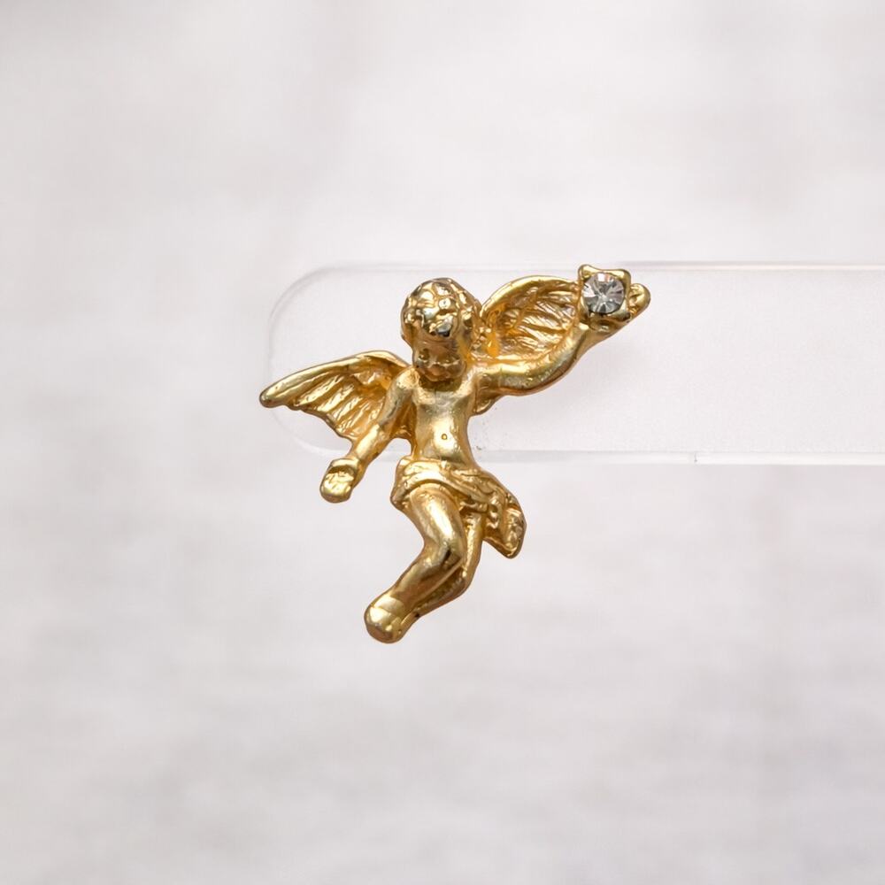 Vintage Brooch / Pin - Gold Tone with Rhinestone Cupid Angel Cherub 1 & 1/8"